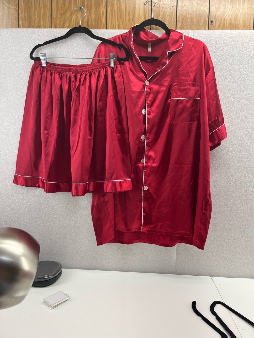 Women’s Satin Pajama Set - Red Short Sleeve Top & Skirt